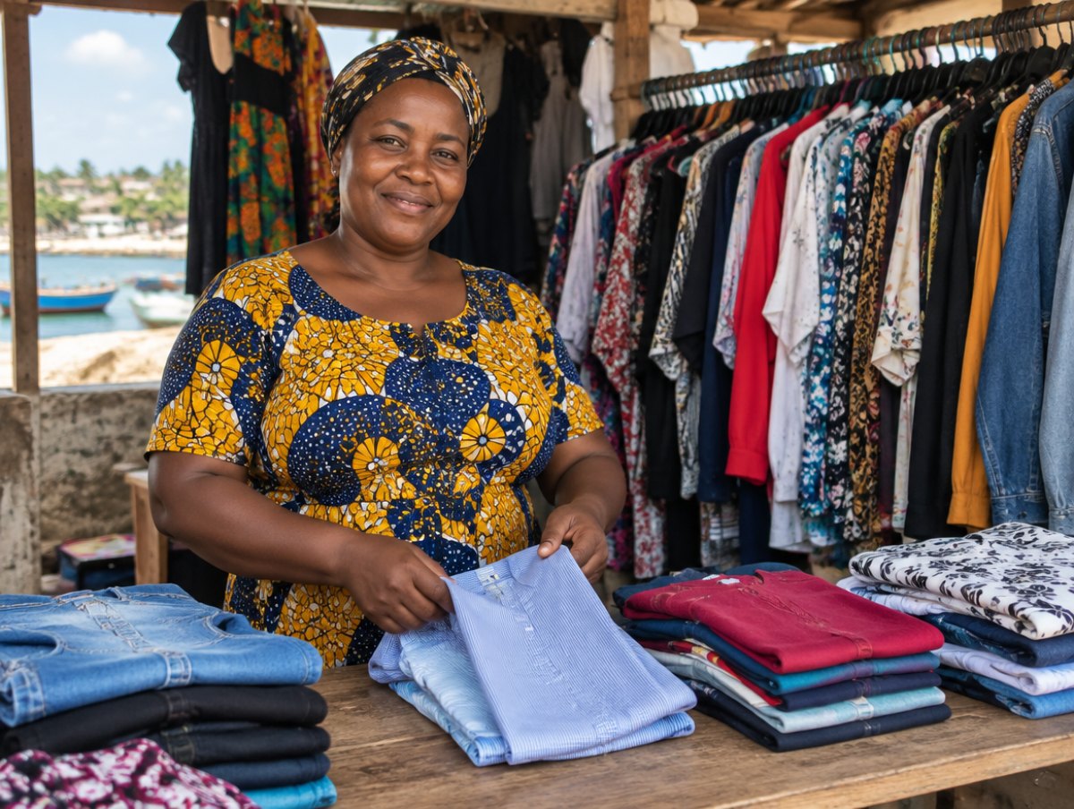 Illustration of a woman folding clothes at her second-hand clothing stall