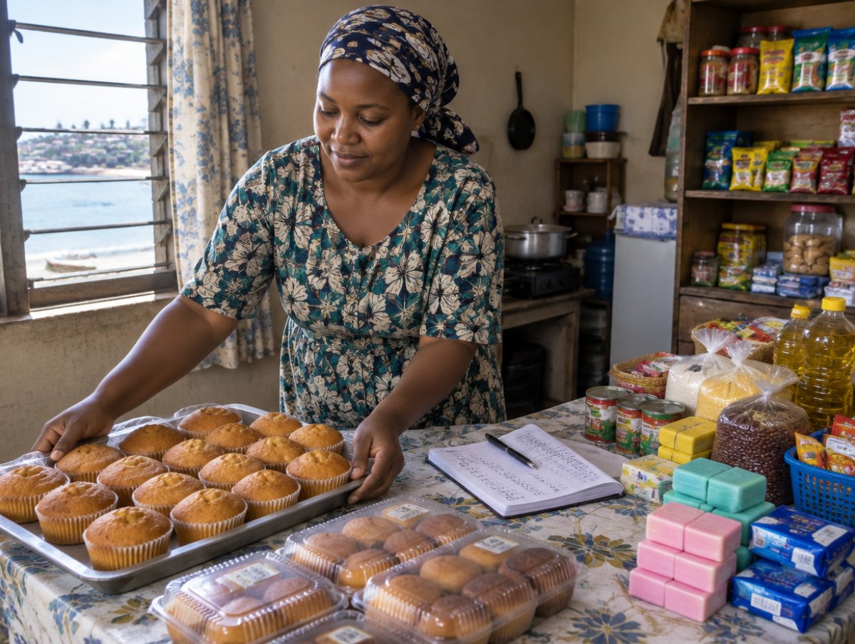 Illustration of a woman selling cakes and small groceries from a table