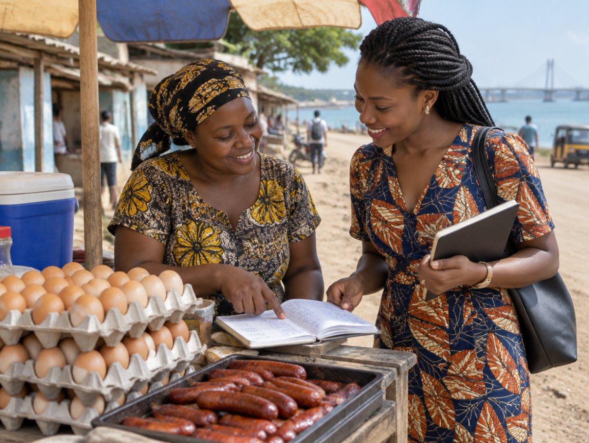 Illustration of a coach visiting a woman at her roadside egg and sausage stall