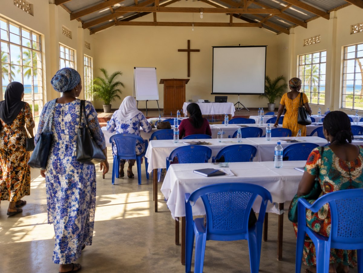 Illustration of a church hall set up for an Elimu+ training